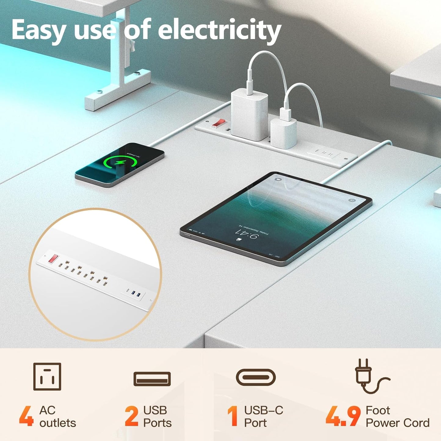 2 Person Desk with Power Outlet & LED Lights, Extra Long 94.5 Inch Double Person Computer Desk with Storage Shelves,Keyboard Tray and Monitor Stand for Home Office, T Shaped Gaming Desk