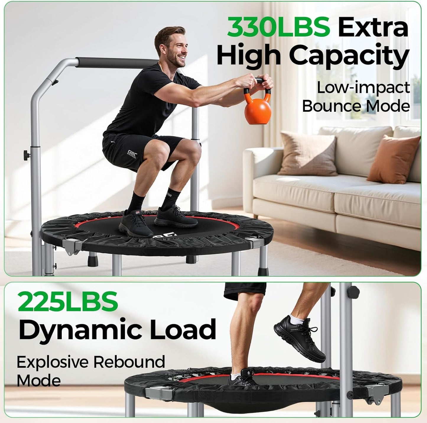 BCAN 40/48" Foldable Trampoline Max Load 330lbs/440lbs, Fitness Rebounder with Adjustable Foam Handle, Exercise Trampoline for Adults Indoor/Garden Workout
