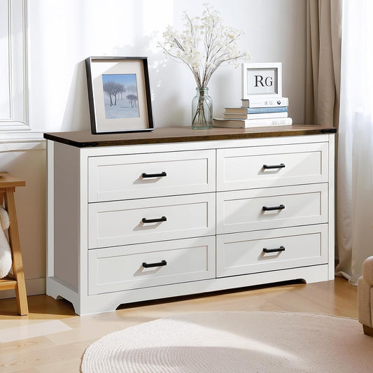 White Dresser for Bedroom, 54" Wide Farmhouse 6 Drawers Dresser, Wood Chests of Drawers with Waterproof Rustic Top Board and Metal Handles for Bedroom, Living Room, Hallway, Entryway, White