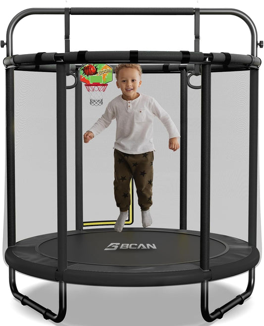 BCAN 55" Trampoline for Kids with Thickened Enclosure Net, Toddler Trampoline Indoor/Outdoor with Adjustable Gymnastics Bars & Basketball Hoop