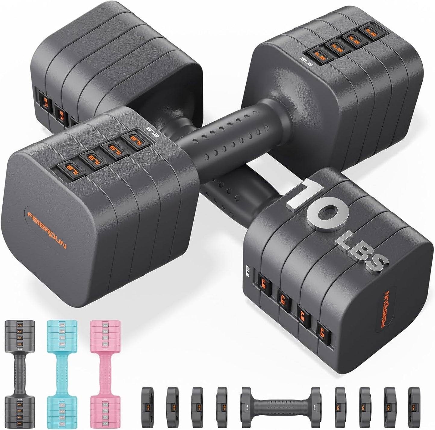 FEIERDUN 5-in-1 Adjustable Dumbbell Set of 2, 20LBS/10LBS Hand Weights for Women, 1s-Adjust Dual-Stable Dumbbell Set for Women Home Gym & Outdoor
