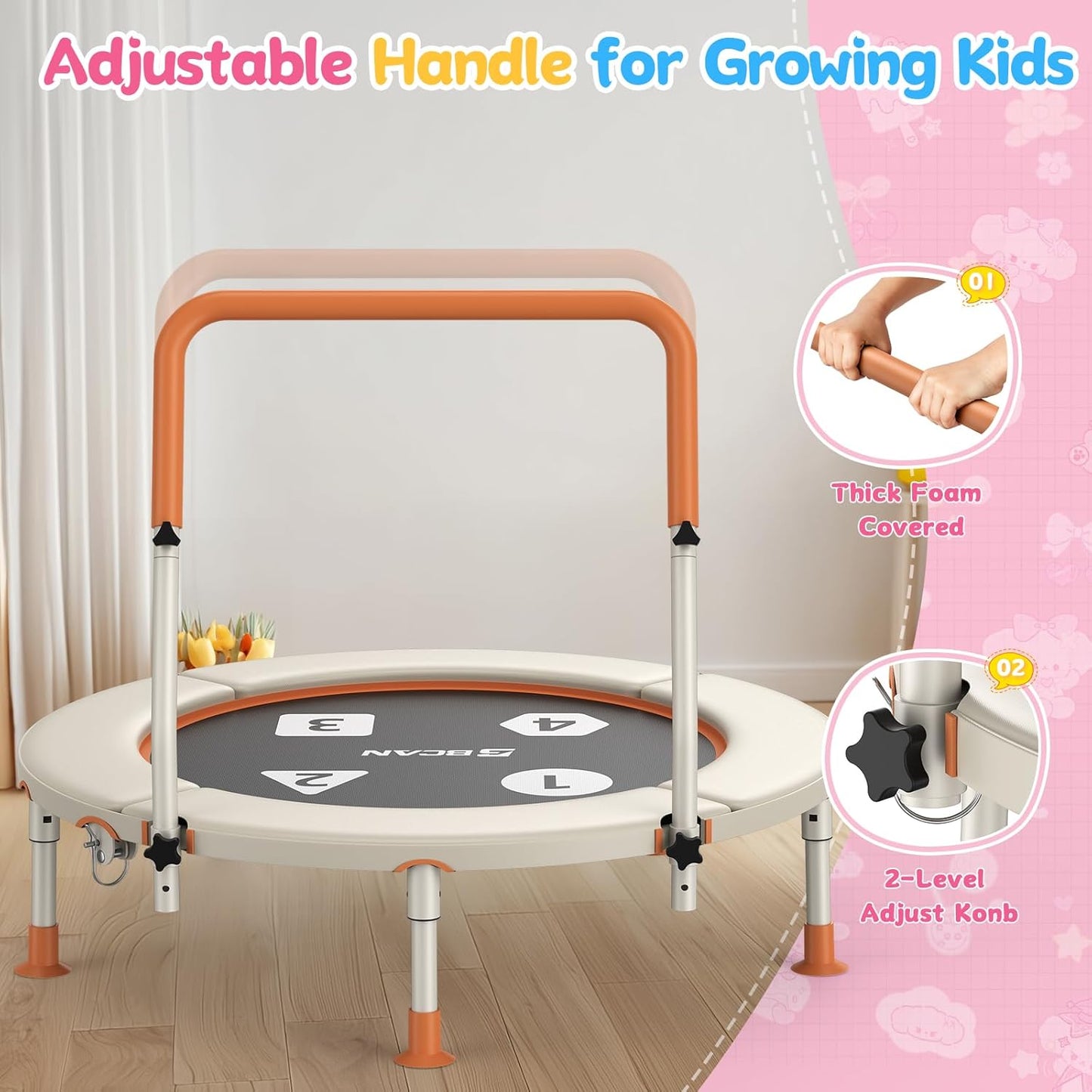 BCAN 36inch Mini Toddler Trampoline for Kids Ages 1-6 Indoor Outdoor Folding Small Rebounder Trampoline with Foam Handle Safety Padded Cover