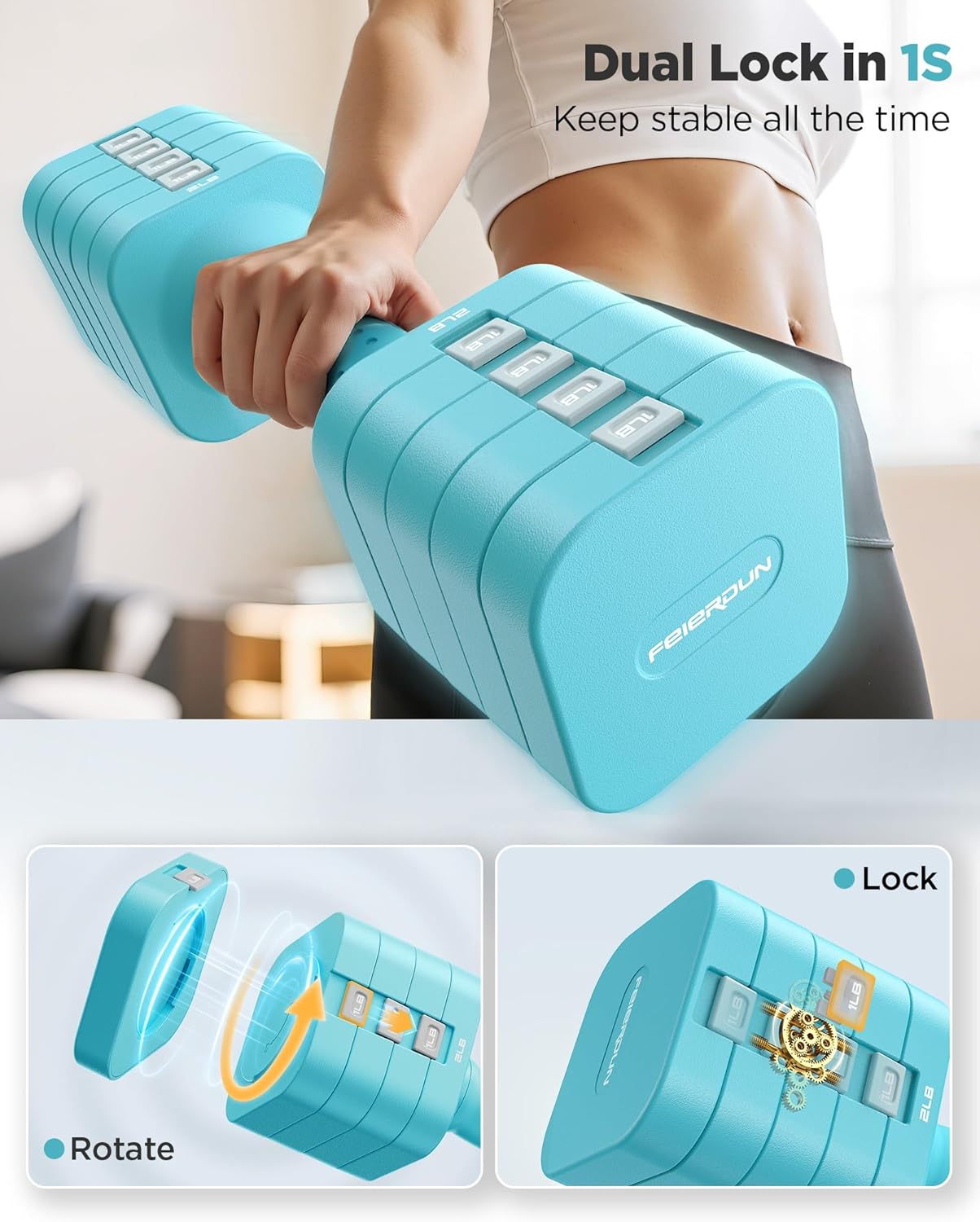 FEIERDUN 5-in-1 Adjustable Dumbbell Set of 2, 20LBS/10LBS Hand Weights for Women, 1s-Adjust Dual-Stable Dumbbell Set for Women Home Gym & Outdoor