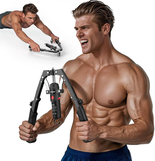 FLYBIRD Chest & Arm Twister Trainer, Hydraulic Power Chest Press Machine 22-440lbs for Upper Body Strength Training, 2-in-1 Chest Trainer with Ab Roller Wheel (Backpack & Pad Included)