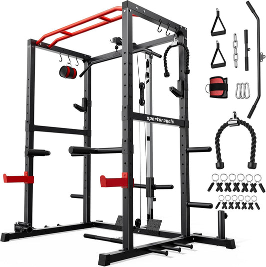 Sportsroyals Power Cage,1200lbs Multi-Function Power Rack with Adjustable Cable Crossover System and More Training Attachment, Weight Cage for Home Gym