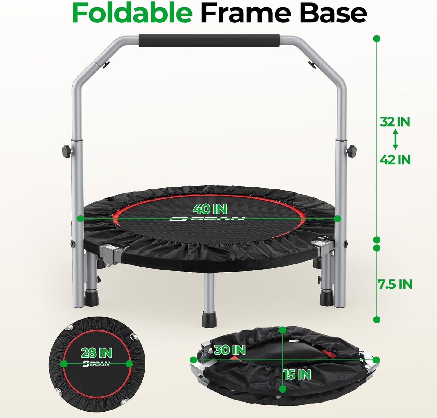 BCAN 40/48" Foldable Trampoline Max Load 330lbs/440lbs, Fitness Rebounder with Adjustable Foam Handle, Exercise Trampoline for Adults Indoor/Garden Workout