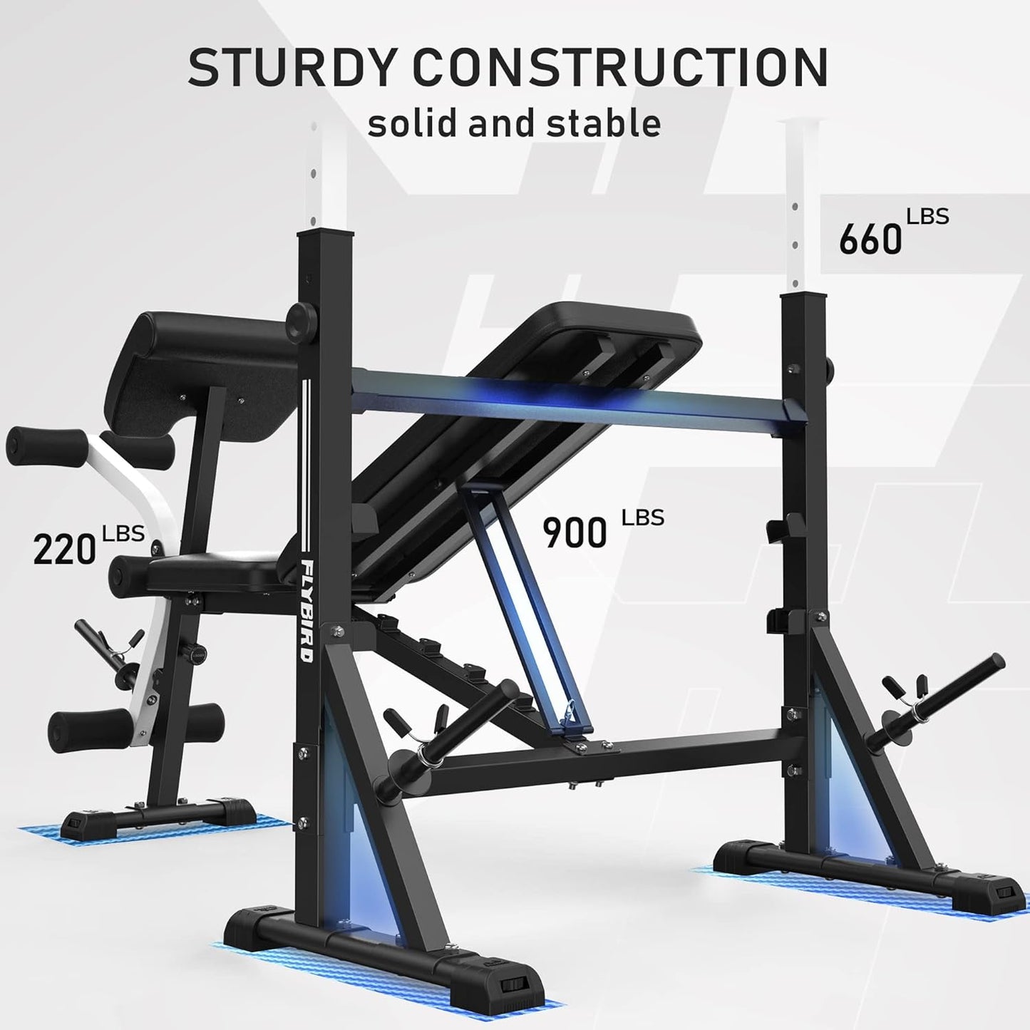 FLYBIRD Olympic Adjustable Weight Bench, with Bench Press Rack, Leg Extension and Leg curl, for Home Gym Workout