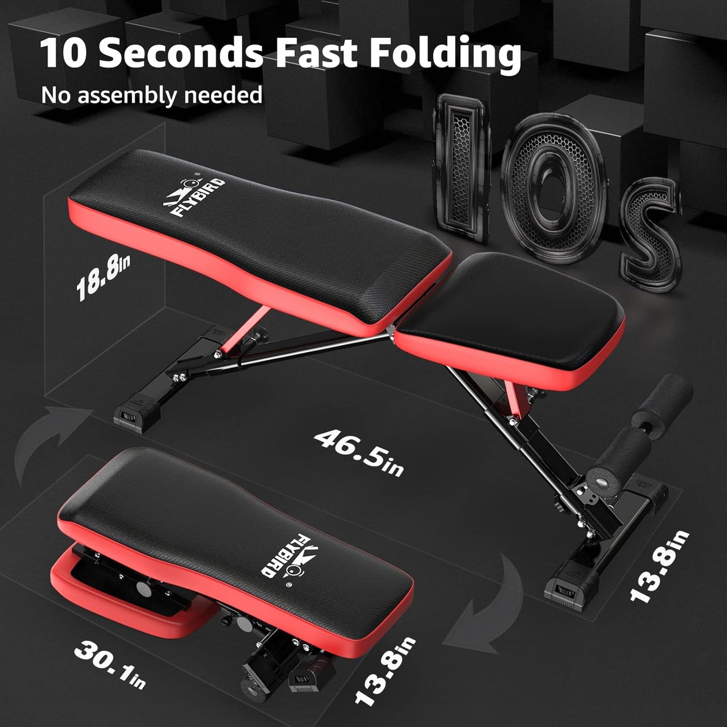 FLYBIRD Strength Training Bench for Home Gym, Adjustable Weight Bench can be Folded for Storage/Vertical Storage, Space-Saving Workout Bench