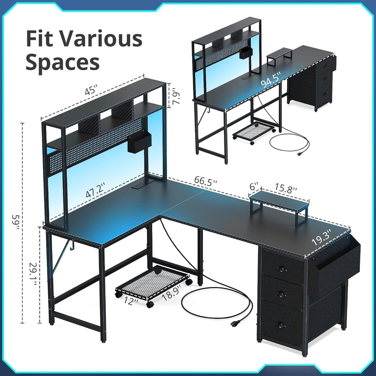 94.5'' Gaming Desk with Pegboard & Shelves Large, L Shaped Computer Desk with Drawers & Power Outlet & LED & Monitor Stand & Mobile CPU Stand, Home Office Black Carbon Fiber