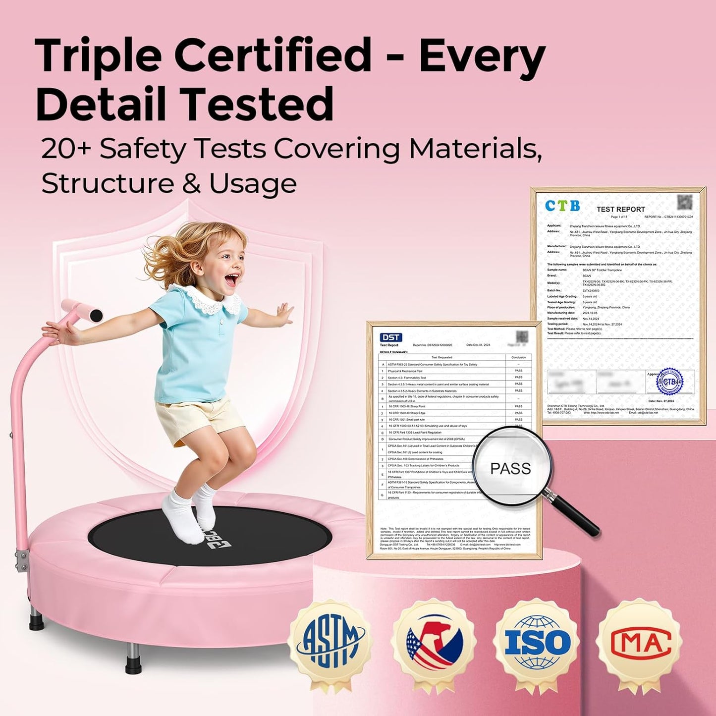BCAN 36'' Toddler Trampoline, ASTM Certified - Kids Trampoline for Ages 1-6, Foam Handle & Safe Thickened Cover
