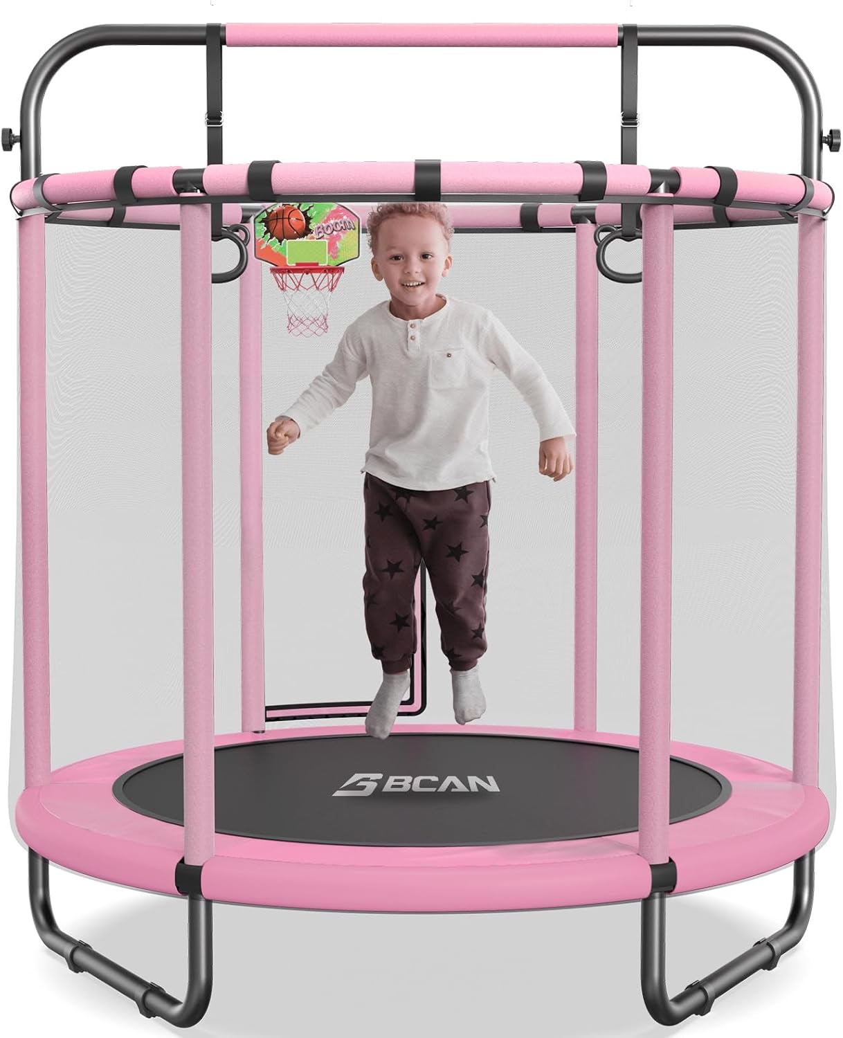 BCAN 55" Trampoline for Kids with Thickened Enclosure Net, Toddler Trampoline Indoor/Outdoor with Adjustable Gymnastics Bars & Basketball Hoop