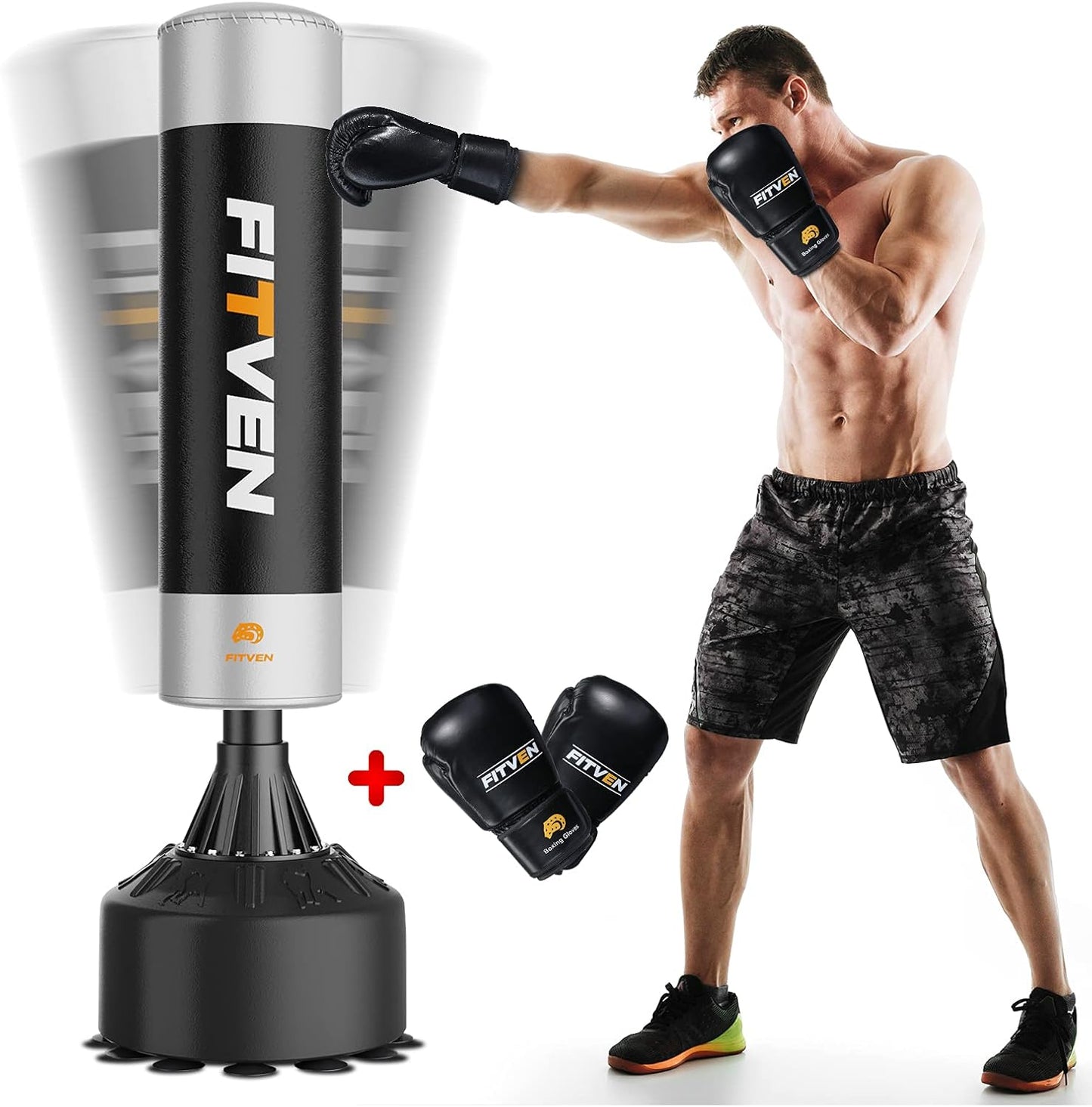 FITVEN Freestanding Punching Bag with Boxing Gloves Heavy Boxing Bag with Suction Cup Base - Men Stand Kickboxing Bag
