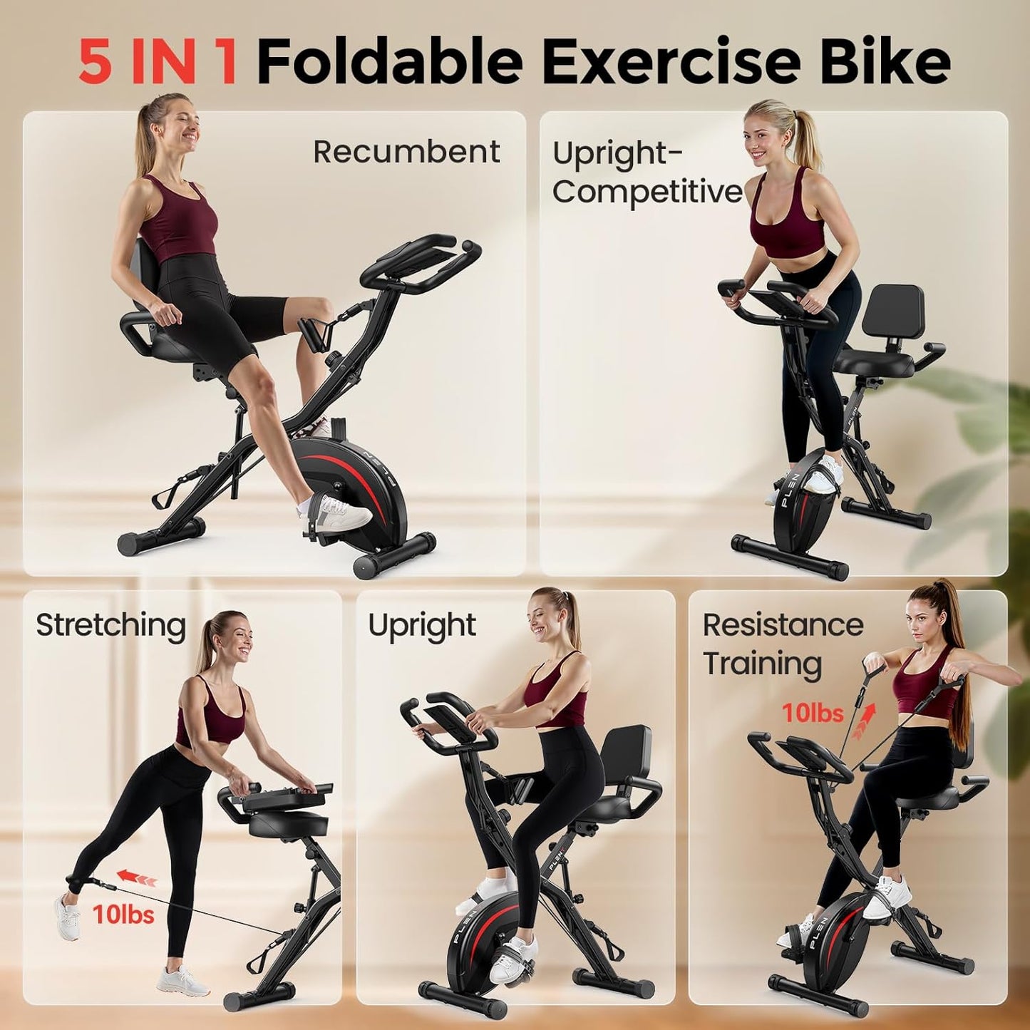 Folding Exercise Bike, 5 IN 1 Stationary Bikes for Home, 330LB Weight Capacity ,Indoor Workout Cycling Bike for Home Gym