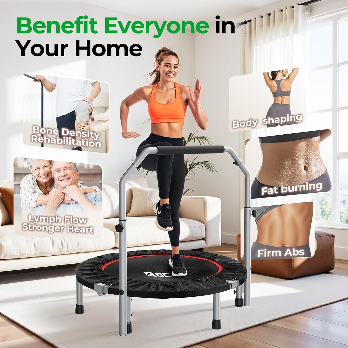 BCAN 40/48" Foldable Trampoline Max Load 330lbs/440lbs, Fitness Rebounder with Adjustable Foam Handle, Exercise Trampoline for Adults Indoor/Garden Workout