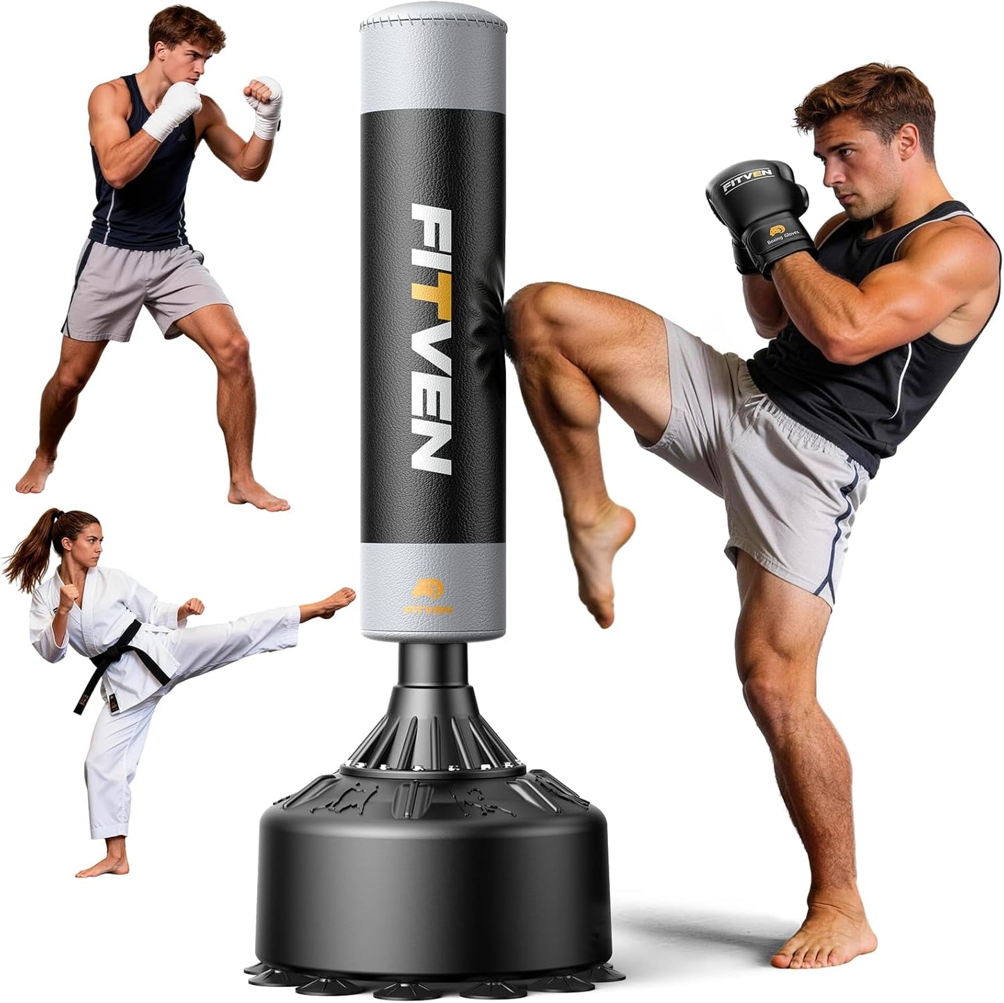 FITVEN Freestanding Punching Bag with Boxing Gloves Heavy Boxing Bag with Suction Cup Base - Men Stand Kickboxing Bag