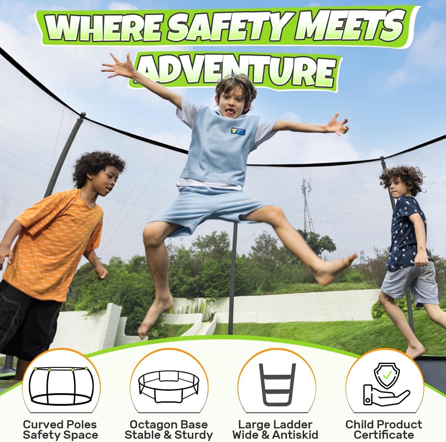 BCAN 16FT Recreational Trampoline with Enclosure for Kids Adults, ASTM Approved, Outdoor Trampolines with Ladder for Kids