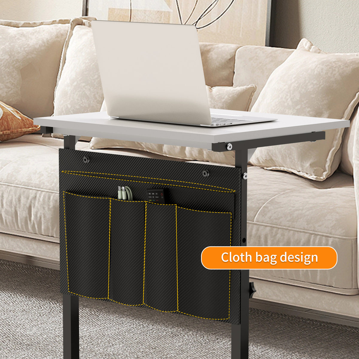 KOLIGEY Height Adjustable C-Shaped End Table with Wheels, Mobile Sofa Side Table with Storage Pocket, Rolling Laptop Desk, Lockable Casters