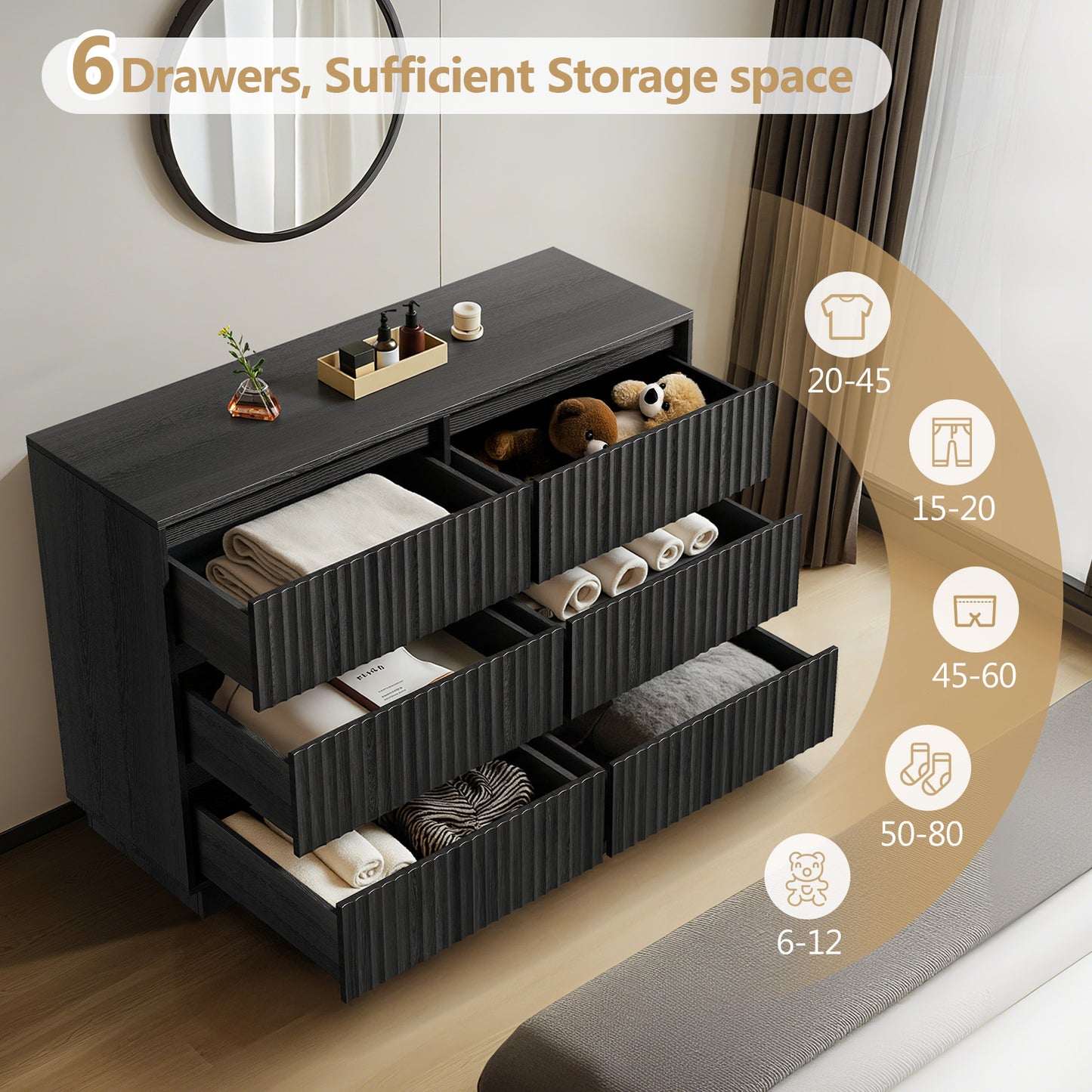 6-Drawer Dresser 47"W Double Dresser With Waveform Fluted Panel