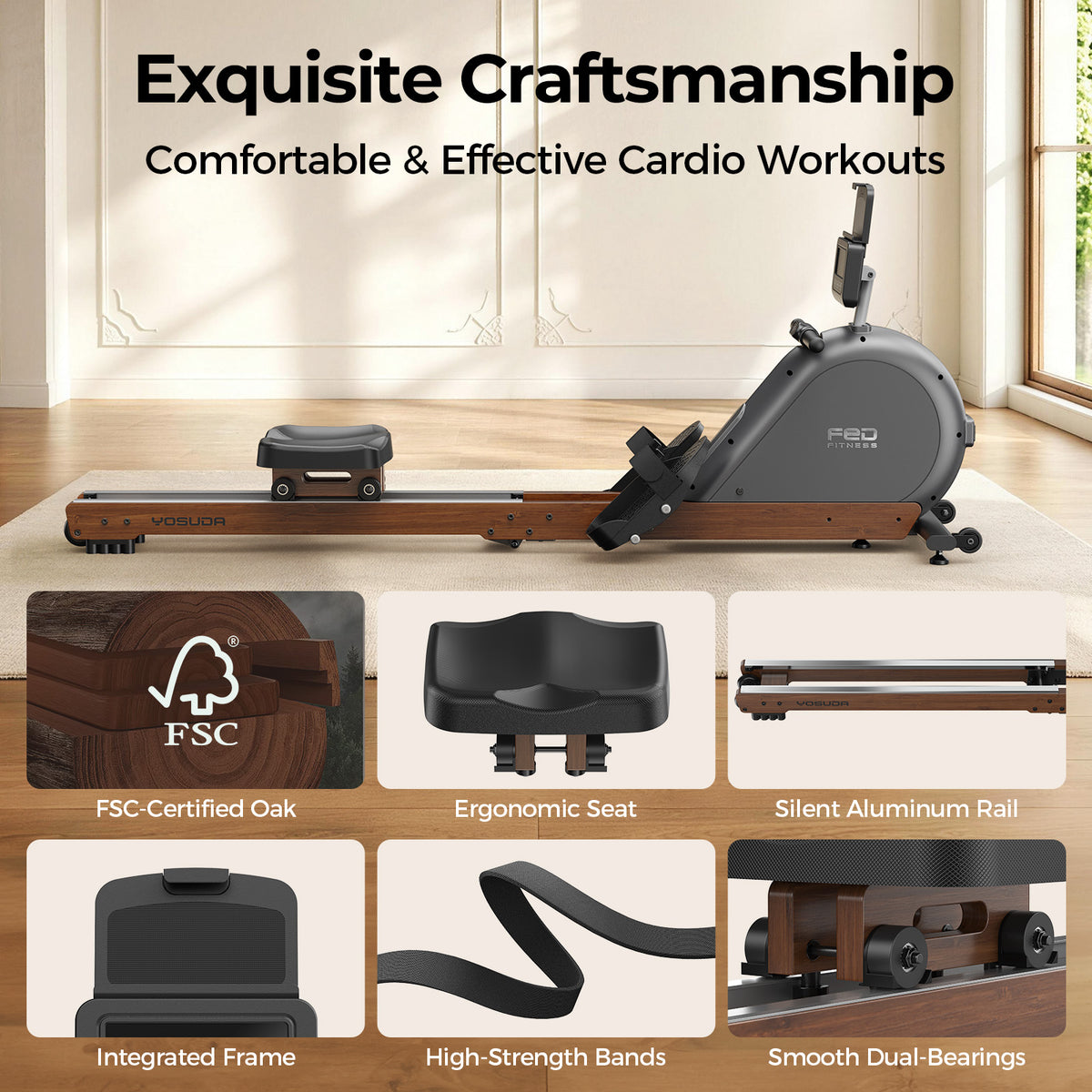YOSUDA Wooden Rowing Machine for Home, Foldable Magnetic Rower | 32 Levels Resistance & Self-Powered System