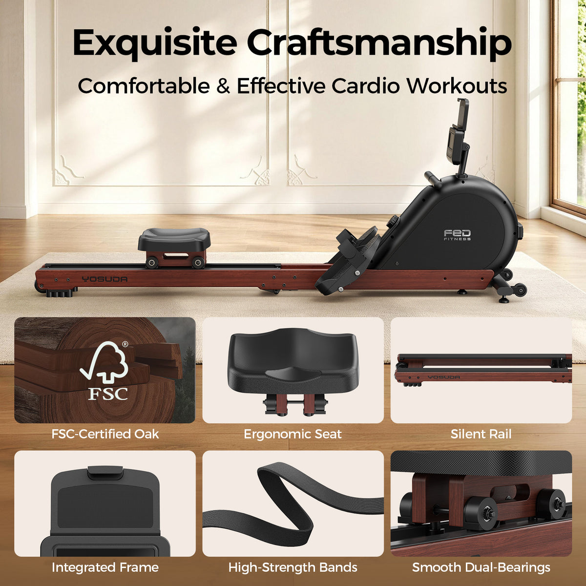 YOSUDA Wooden Rowing Machine for Home, Foldable Magnetic Rower with 32 Resistance Levels & Self-Powered System,Full Body Low-Impact Cardio Equipment