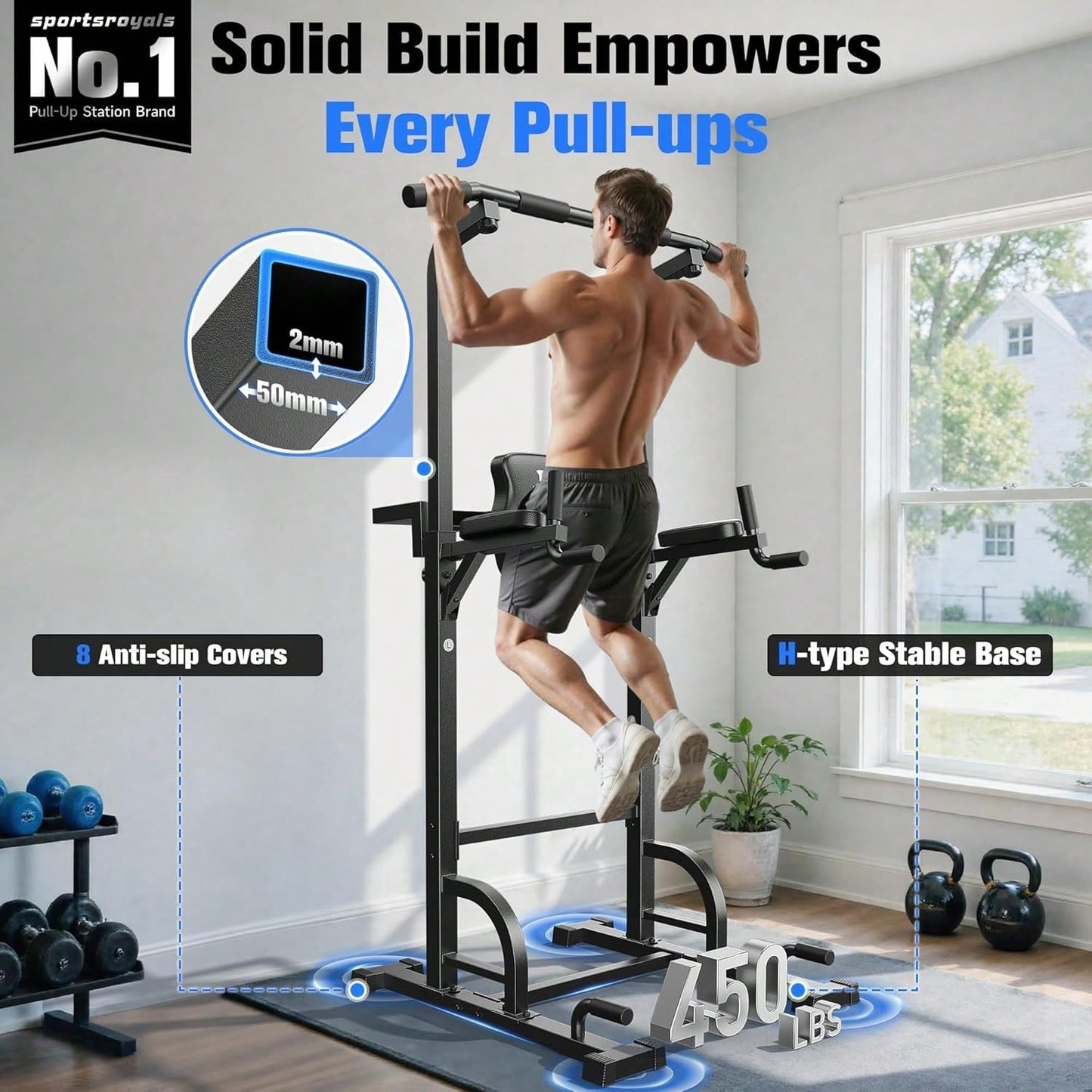 FED FITNESS Adjustable Power Tower 450lbs Max Weight Dip Station Pull up Bar Power Rack Push up Resistance Band for Home Gym