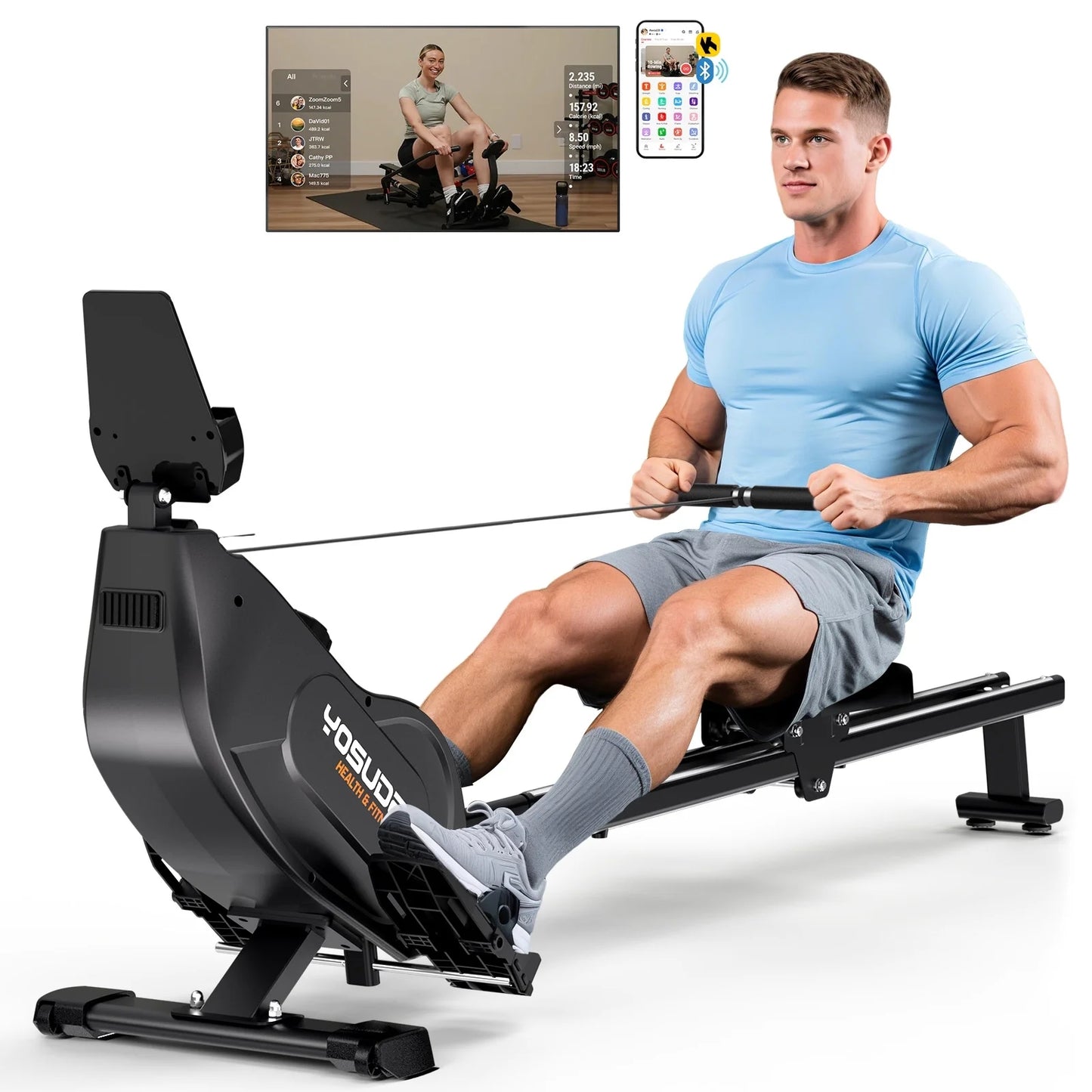 YOSUDA Magnetic Rowing Machine 350 LB Weight Capacity , Foldable Rower for Home Use with 16-Level Max 115lbs Adjustable Resistance and Bluetooth