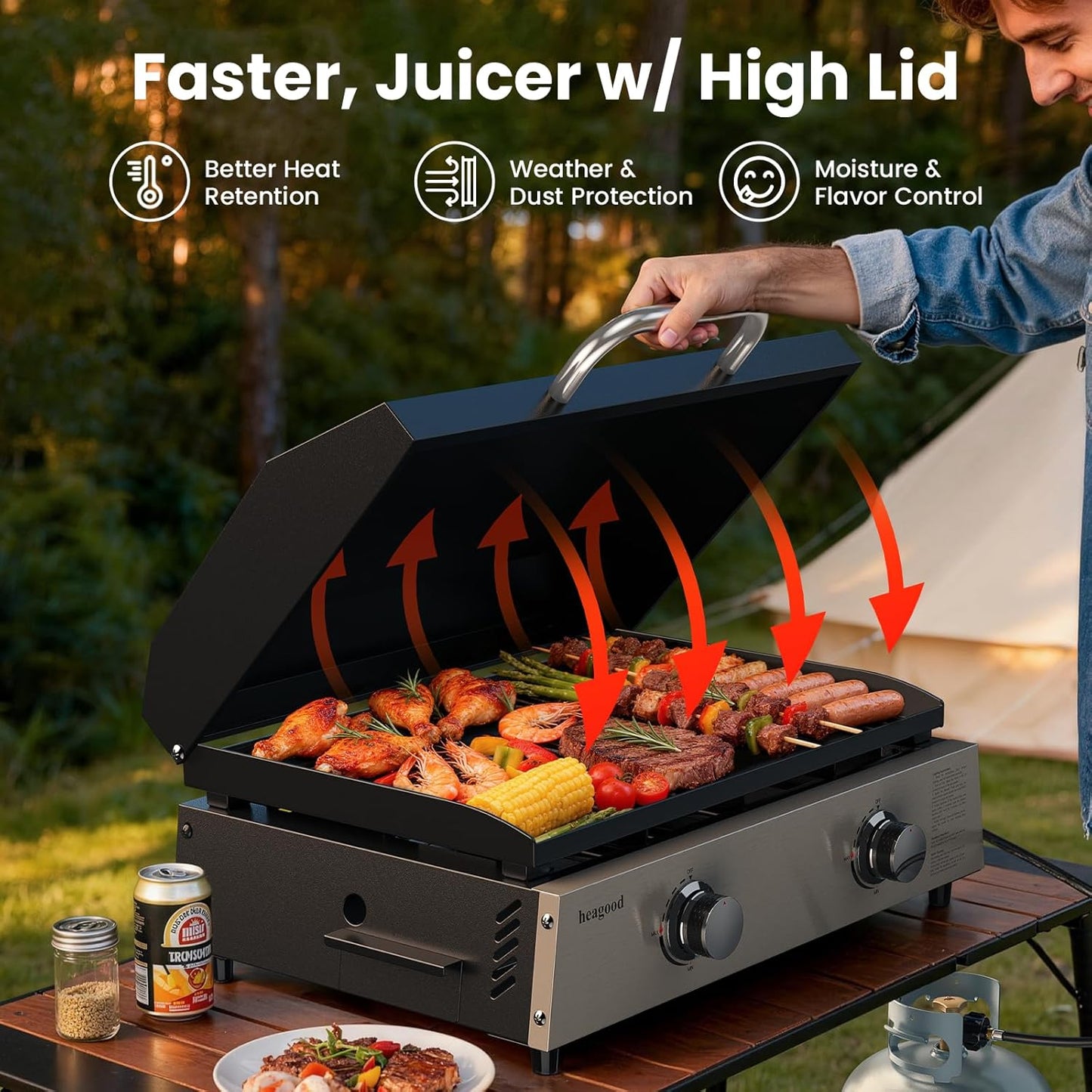 KOLIGEY Flat Top Gill, Outdoor Griddle 22” Tabletop Gas Griddle with Hood (24000 BTU, 2 Burner, Carbon Steel Plate)