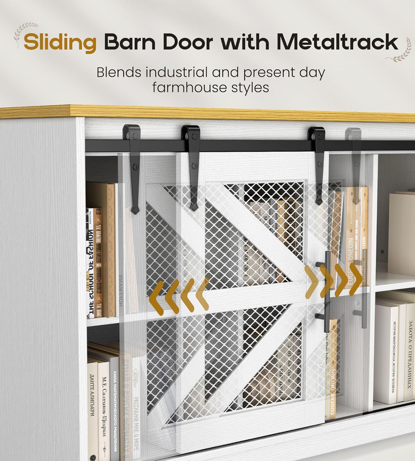 Rustic Corner Desk with Storage, L Shaped Farmhouse Office Desk with Sufficient Storage Capacity, Built-in Power Socket and Barn Door Design