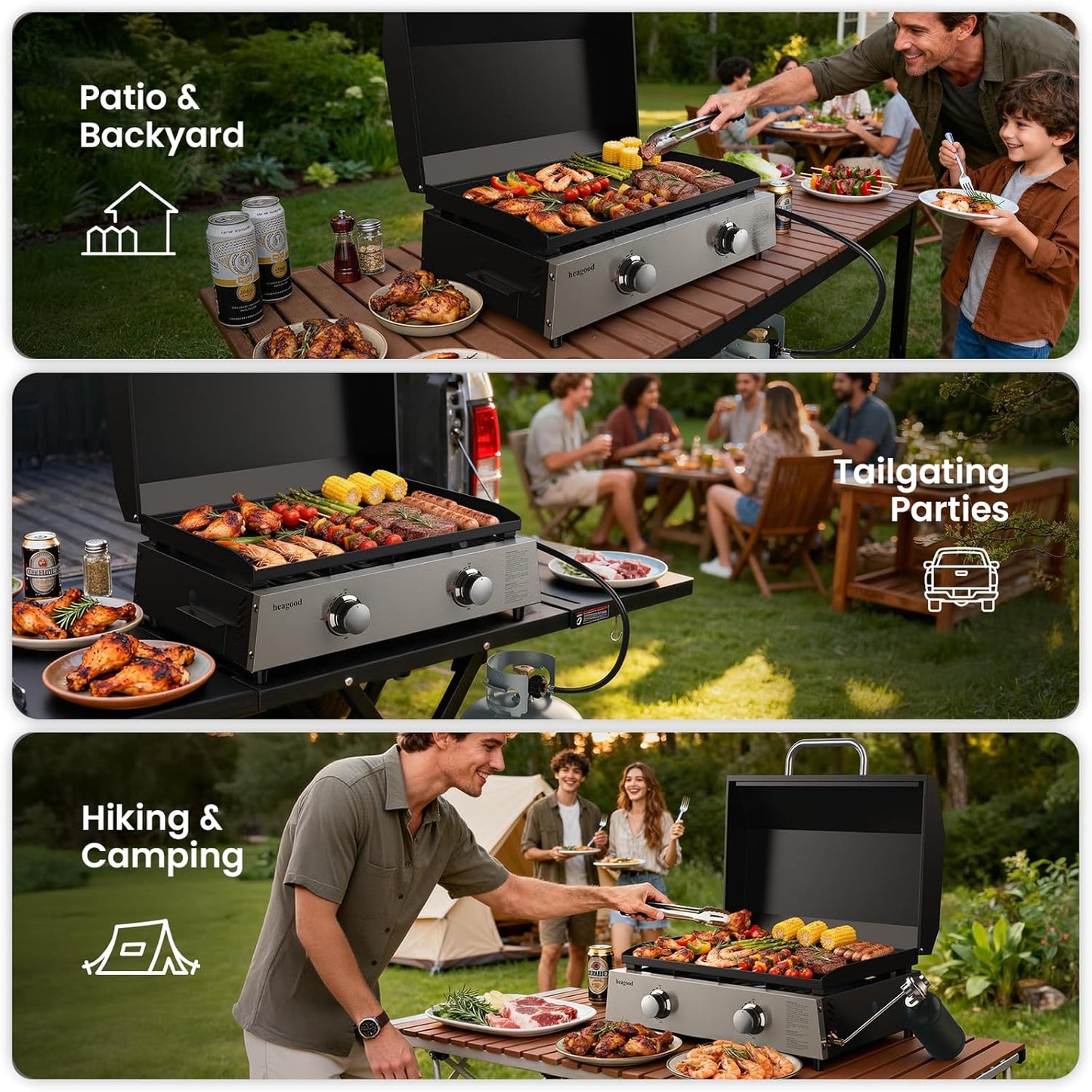 KOLIGEY Flat Top Gill, Outdoor Griddle 22” Tabletop Gas Griddle with Hood (24000 BTU, 2 Burner, Carbon Steel Plate)