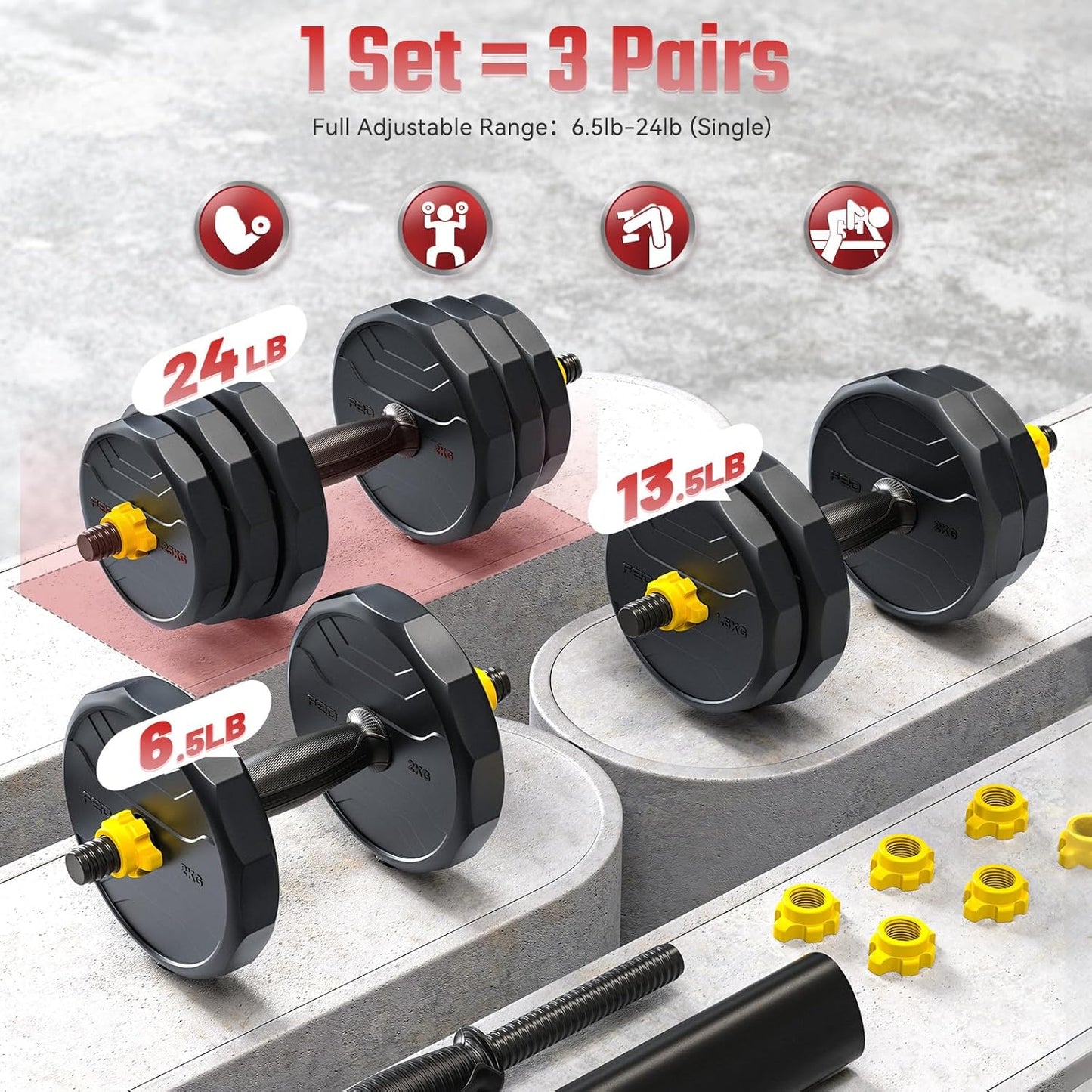 FEIERDUN Adjustable Dumbbells, 48/68/88lbs Free Weight Set with 4 Modes, Used as Barbell, Kettlebells, Push up Stand, Fitness Exercises for Home Gym Suitable Men/Women