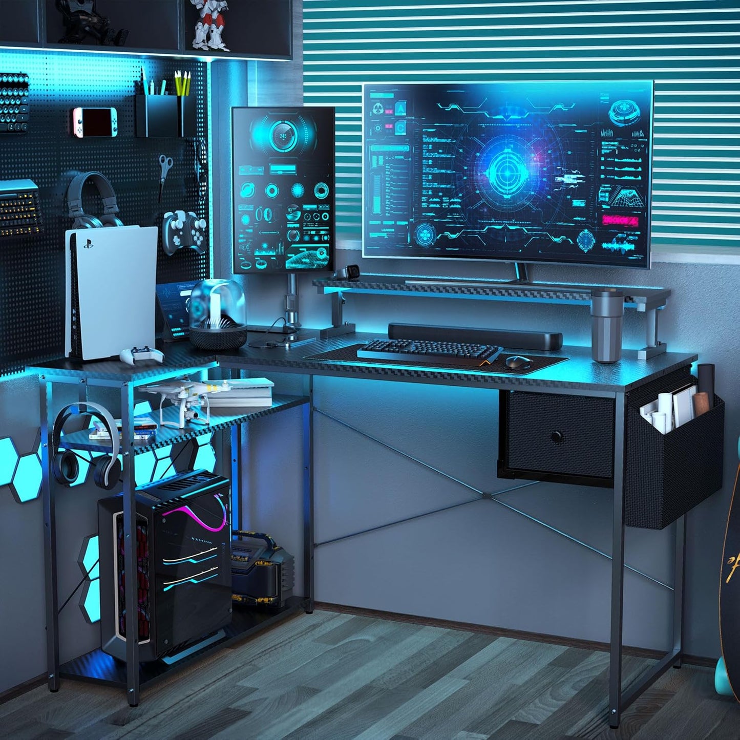 L Shaped Gaming Desk, 63 Inch Computer Desk with Adjustable Stand & RGB Lights, Corner Desk for Power Outlet, Carbon Fiber Texture, Gaming Room