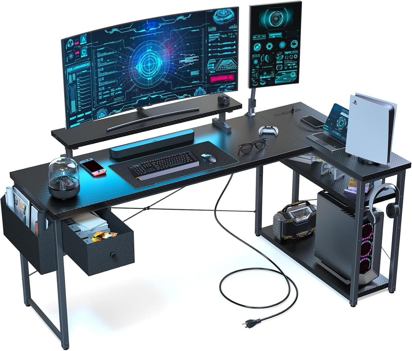 L Shaped Gaming Desk, 63 Inch Computer Desk with Adjustable Stand & RGB Lights, Corner Desk for Power Outlet, Carbon Fiber Texture, Gaming Room