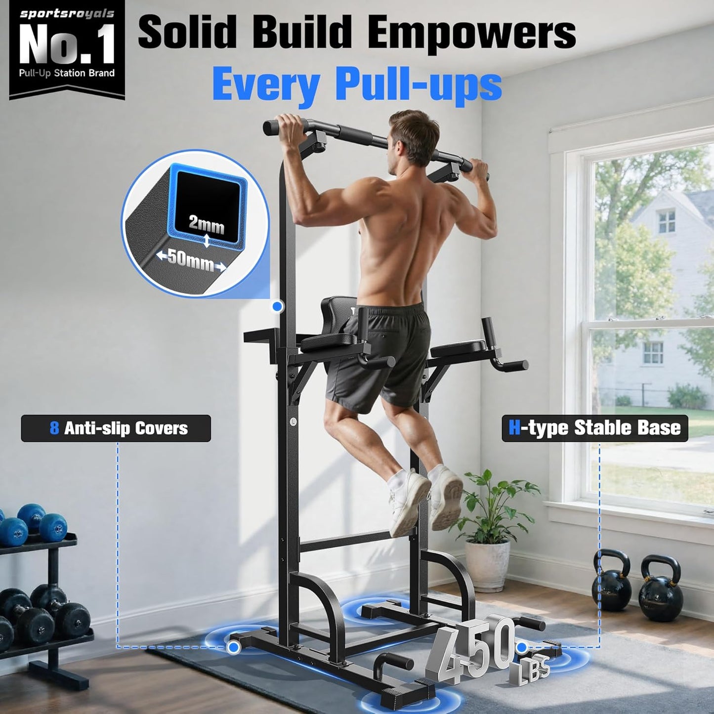 Sportsroyals Power Tower Pull Up Bar Station, 450LBS Stable Pull Up Dip Station for Home Gym Strength Training Equipment