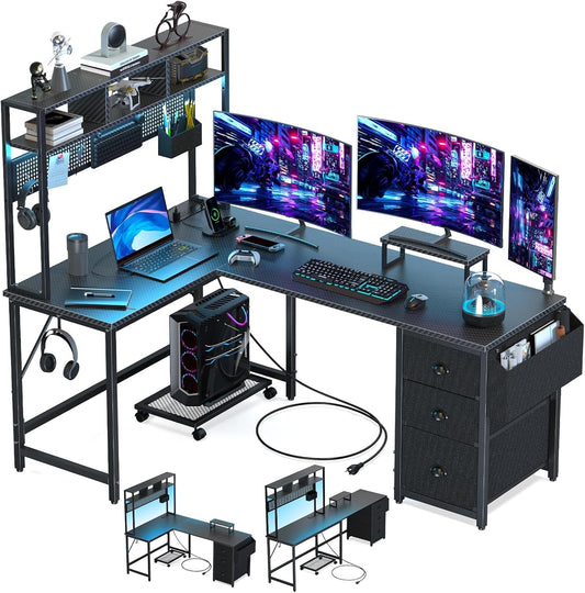 94.5'' Gaming Desk with Pegboard & Shelves Large, L Shaped Computer Desk with Drawers & Power Outlet & LED & Monitor Stand & Mobile CPU Stand, Home Office Black Carbon Fiber