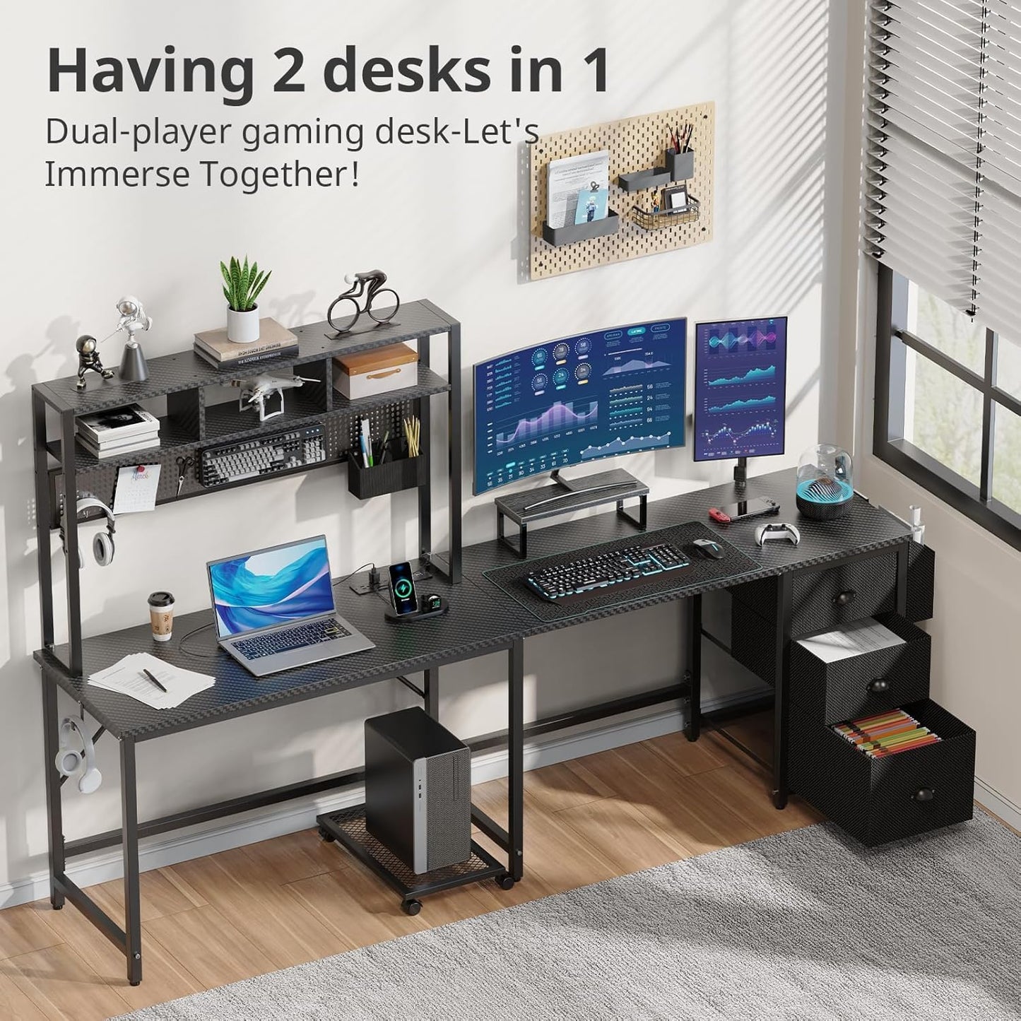 94.5'' Gaming Desk with Pegboard & Shelves Large, L Shaped Computer Desk with Drawers & Power Outlet & LED & Monitor Stand & Mobile CPU Stand, Home Office Black Carbon Fiber