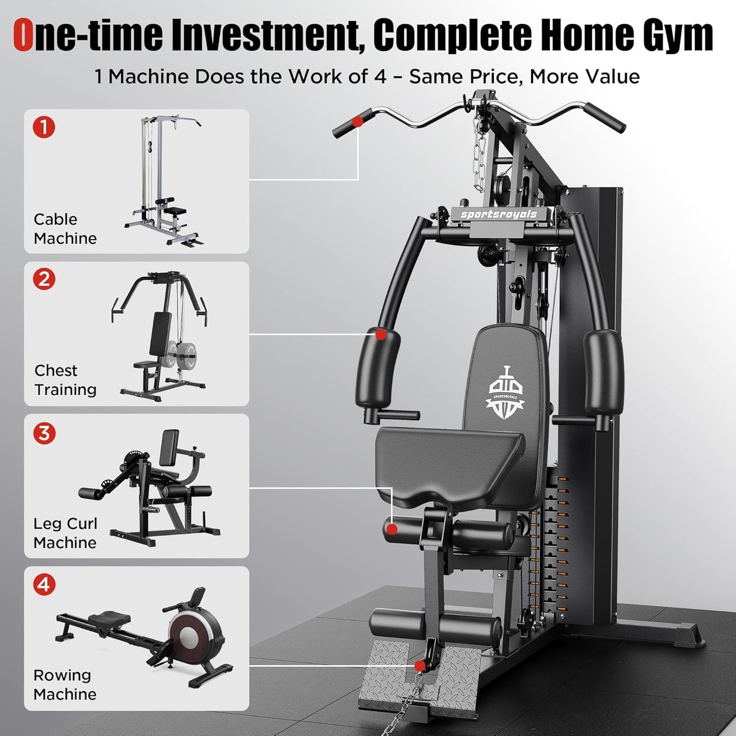 Sportsroyals Multifunctional Home Gym Equipment, Workout Station with 154LBS Weight Stack