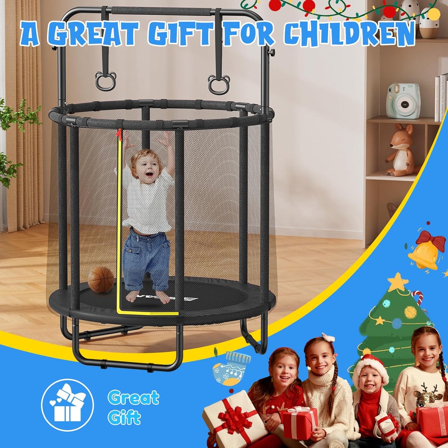 BCAN 55" Trampoline for Kids with Thickened Enclosure Net, Toddler Trampoline Indoor/Outdoor with Adjustable Gymnastics Bars & Basketball Hoop