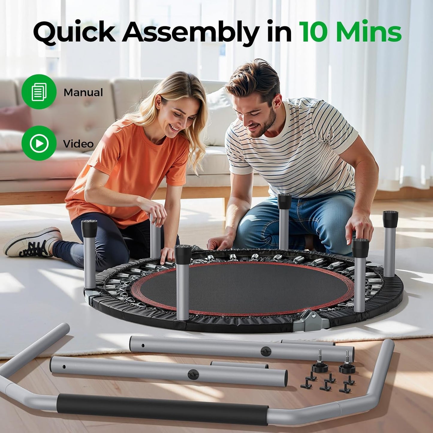 BCAN 40/48" Foldable Trampoline Max Load 330lbs/440lbs, Fitness Rebounder with Adjustable Foam Handle, Exercise Trampoline for Adults Indoor/Garden Workout