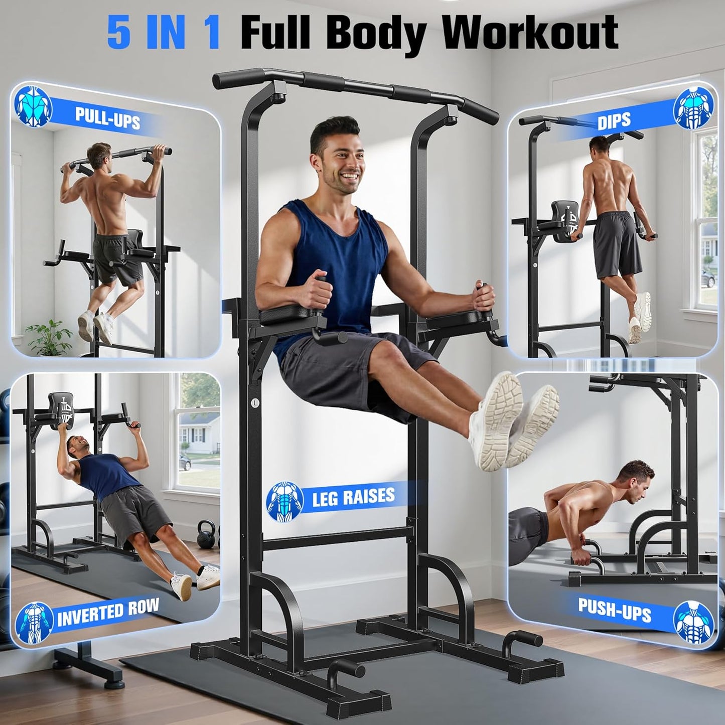 Sportsroyals Power Tower Pull Up Bar Station, 450LBS Stable Pull Up Dip Station for Home Gym Strength Training Equipment