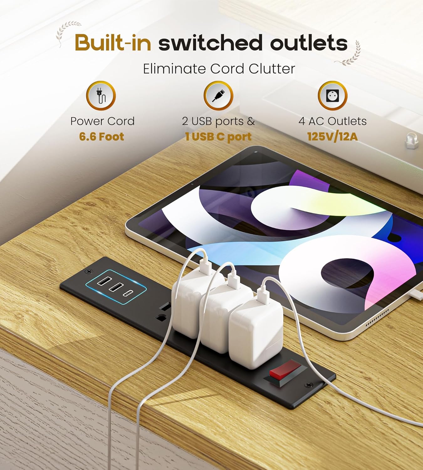 Rustic Corner Desk with Storage, L Shaped Farmhouse Office Desk with Sufficient Storage Capacity, Built-in Power Socket and Barn Door Design