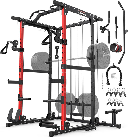 ARMAC Power Cage,Power Rack with LAT Pulldown,Multi-Function Training Attachments for Home Gym Fitnees Equipment,1500LBS
