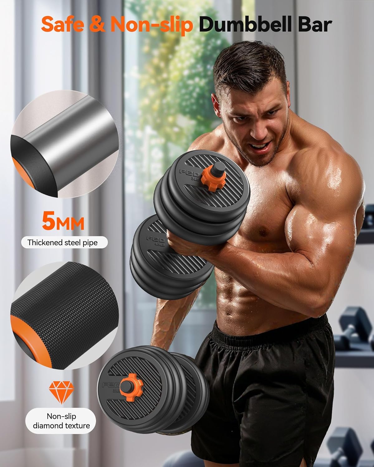 Feierdun Adjustable Dumbbells, Free Weight Set with Connector, 5 in1 Dumbbells Set Used as Barbell, Kettlebells, Push up Stand, Weight Plate, Fitness Exercises for Home Gym