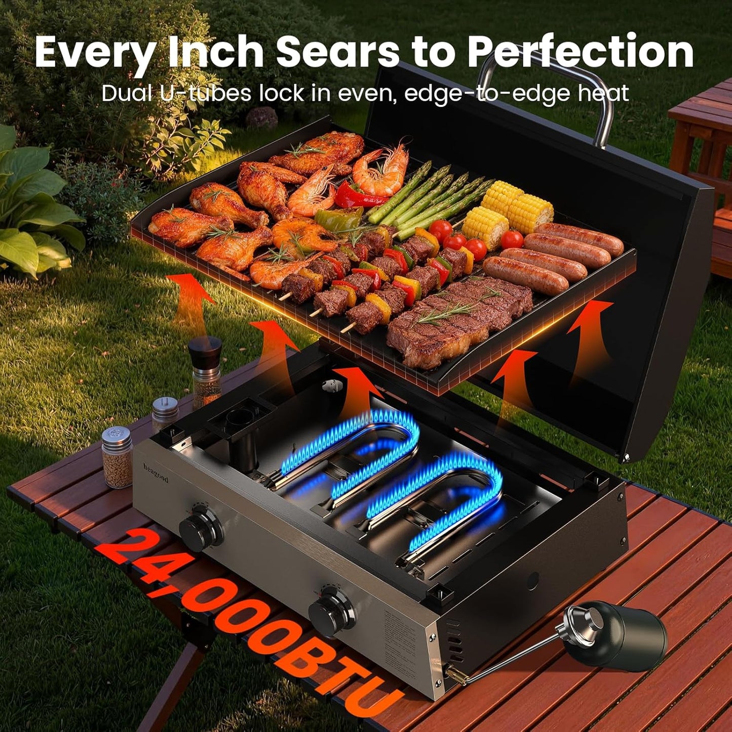 KOLIGEY Flat Top Gill, Outdoor Griddle 22” Tabletop Gas Griddle with Hood (24000 BTU, 2 Burner, Carbon Steel Plate)