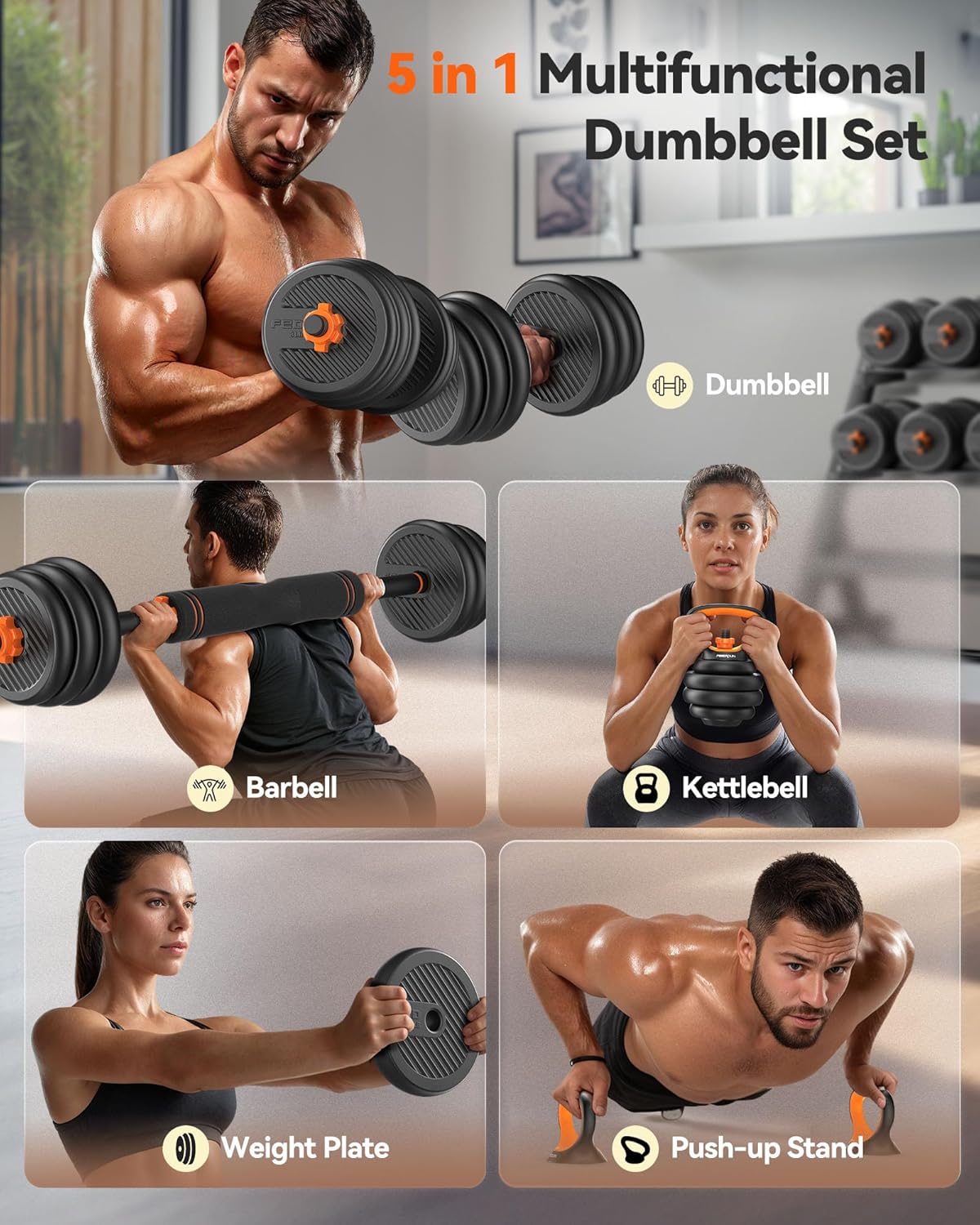 Feierdun Adjustable Dumbbells, Free Weight Set with Connector, 5 in1 Dumbbells Set Used as Barbell, Kettlebells, Push up Stand, Weight Plate, Fitness Exercises for Home Gym