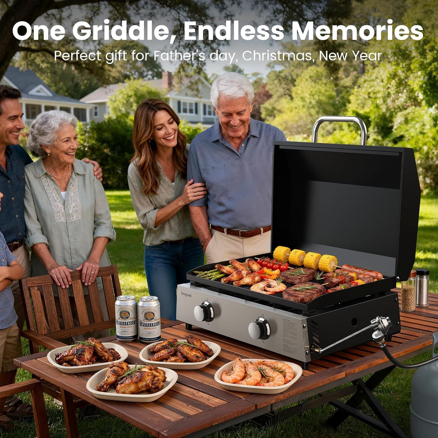 KOLIGEY Flat Top Gill, Outdoor Griddle 22” Tabletop Gas Griddle with Hood (24000 BTU, 2 Burner, Carbon Steel Plate)