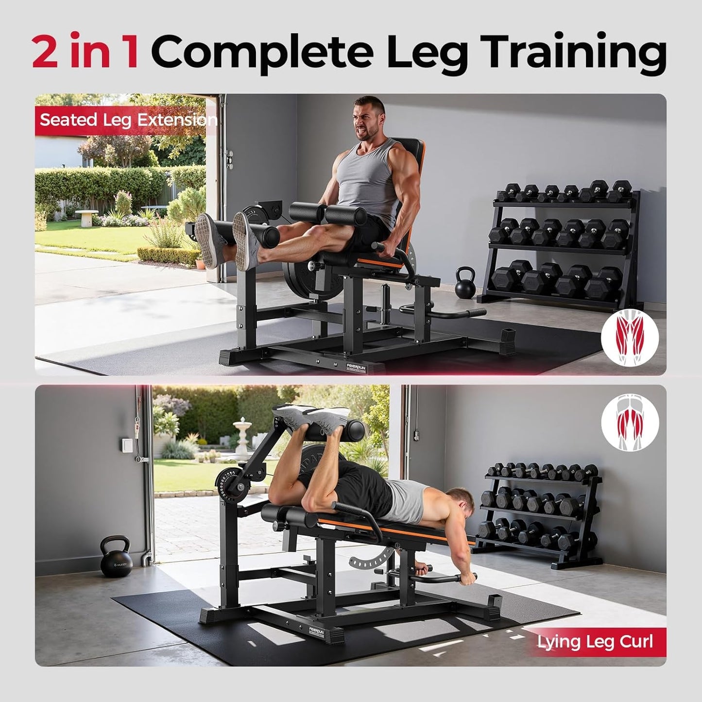 FEIERDUN Leg Extension and Curl Machine, Adjustable Leg Curl Machine, Seated Leg Extension and Lying Curl Machine, Leg Workout Equipment