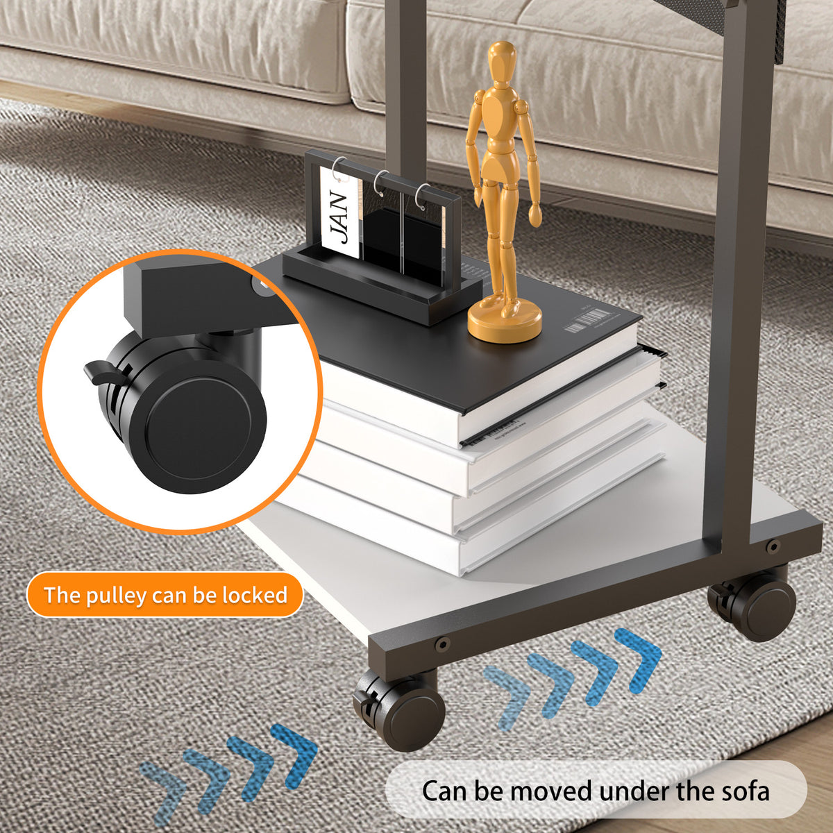 KOLIGEY Height Adjustable C-Shaped End Table with Wheels, Mobile Sofa Side Table with Storage Pocket, Rolling Laptop Desk, Lockable Casters