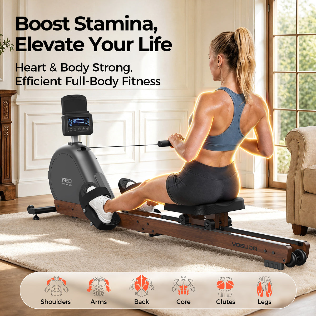 YOSUDA Wooden Rowing Machine for Home, Foldable Magnetic Rower | 32 Levels Resistance & Self-Powered System