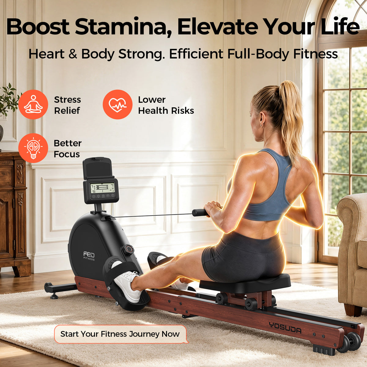 YOSUDA Wooden Rowing Machine for Home, Foldable Magnetic Rower with 32 Resistance Levels & Self-Powered System,Full Body Low-Impact Cardio Equipment