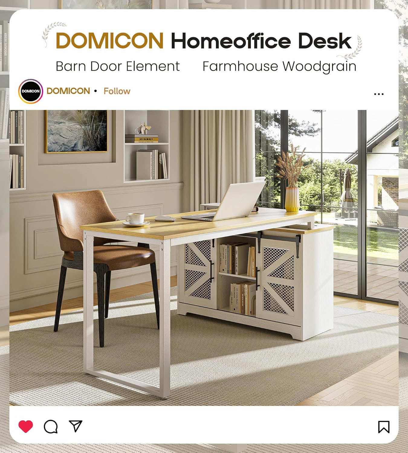 Rustic Corner Desk with Storage, L Shaped Farmhouse Office Desk with Sufficient Storage Capacity, Built-in Power Socket and Barn Door Design